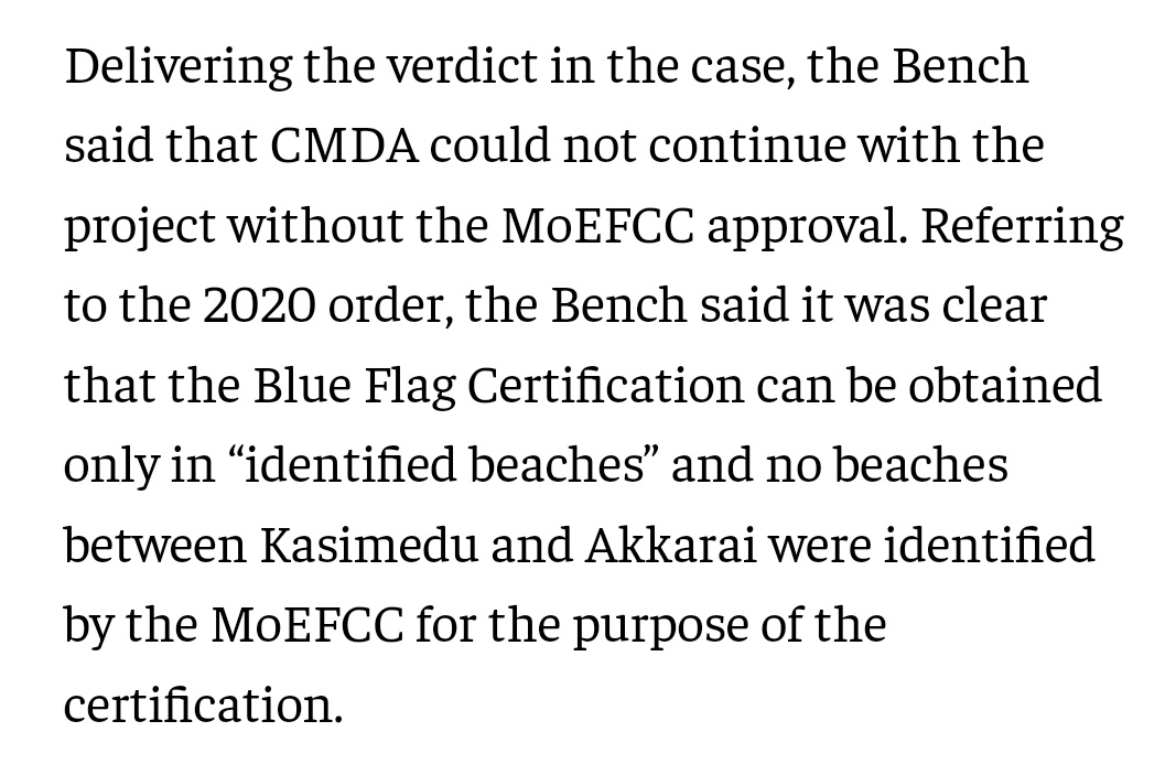 After a @THChennai report brought to light 'development' activities by @CMDA_Official on Injambakkam beach & others for blue flag tag, NGT halts the project saying it needs @moefcc approval or CRZ clearances from State Coastal Zone Management Authority. thehindu.com/news/cities/ch…