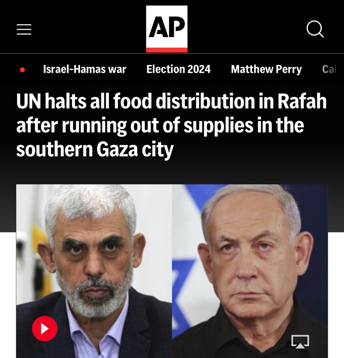 AP: “UN suspended food distribution in the southern Gaza city of Rafah on Tuesday due to a lack of supplies and an untenable security situation caused by Israel’s expanding military operation. The U.N. warned humanitarian operations were nearing collapse.” apnews.com/article/israel…