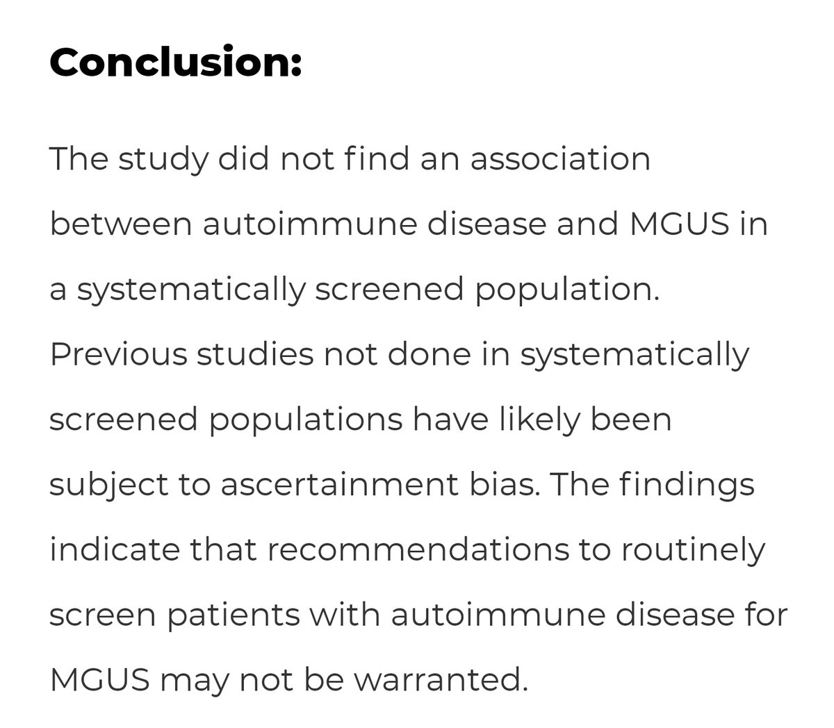 📢🎺 Dear rheumatologists, your patients with autoimmune diseases do NOT need to be tested for MGUS !! No association between autoimmune disease and MGUS according to this study by the @iStopMM. acpjournals.org/doi/10.7326/M2…