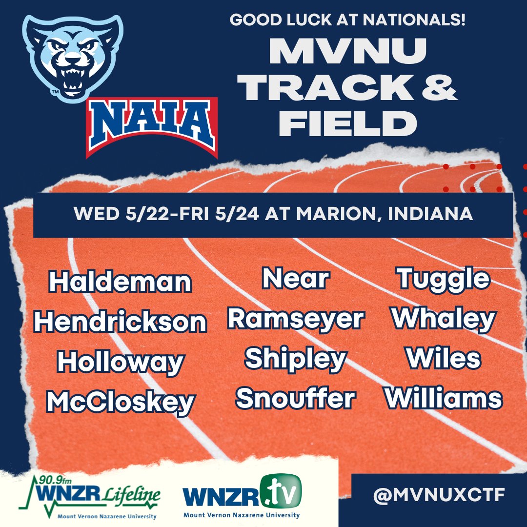Voice of the Cougars (@wnzr_sports) on Twitter photo Best wishes to <a href="/run__naz/">MVNU Track & Field and Cross Country</a> tomorrow at #NAIATrack National Championships! <a href="/WNZR_FM/">WNZR 90.9 FM</a> Best wishes to <a href="/run__naz/">MVNU Track & Field and Cross Country</a> tomorrow at #NAIATrack National Championships! <a href="/WNZR_FM/">WNZR 90.9 FM</a>
