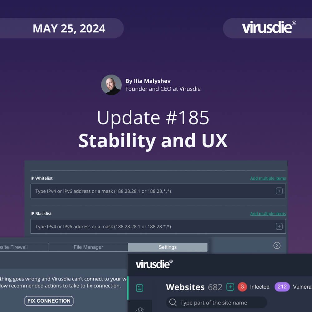 #Virusdie upgrade 185 | The weekly update of Virusdie. UX and better stability: virusdie.com/blog/update-18…

#wordpress #cybercrime #cybersecurity #infosec #websecurity #malware #Ransomware #Vulnerability #Phishing #code #hacked #web #antivirus