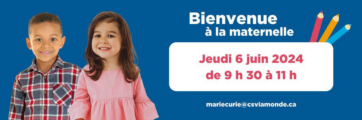 Bientôt la grande rentrée en maternelle! 
Venez participer en famille aux activités de la future école de votre enfant: 
-  jeudi 6 juin de 9h30 à 11h.
Inscrivez-vous au (519) 471-5677 ou à mariecurie@csviamonde.ca.