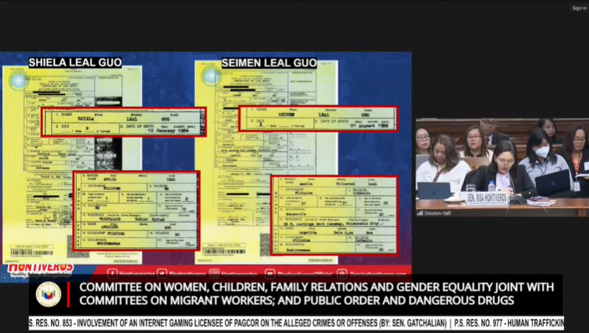 ABSCBNNews's tweet photo. Documentary evidence presented at the Senate probe shows that Angelito Guo and Amelia Leal, the 'biological' parents of Bamban, Tarlac Mayor Alice Guo, have two more children. All birth certificates indicate that Guo and Leal are married, but the dates of marriage differ across the documents.

Mayor Guo claimed in an ABS-CBN interview that she is the love child of her Chinese father and the Filipina house help who worked for his family. She also said she was abandoned by her biological mother.

Apart from the birth certificates, Sen. Risa Hontiveros also presented a PSA certification that there was no record of marriage for Angelito Guo and Amelia Leal. They also do not have birth registration records.

With more questions on her personal background, Mayor Guo only said she was not the one who prepared the documents.