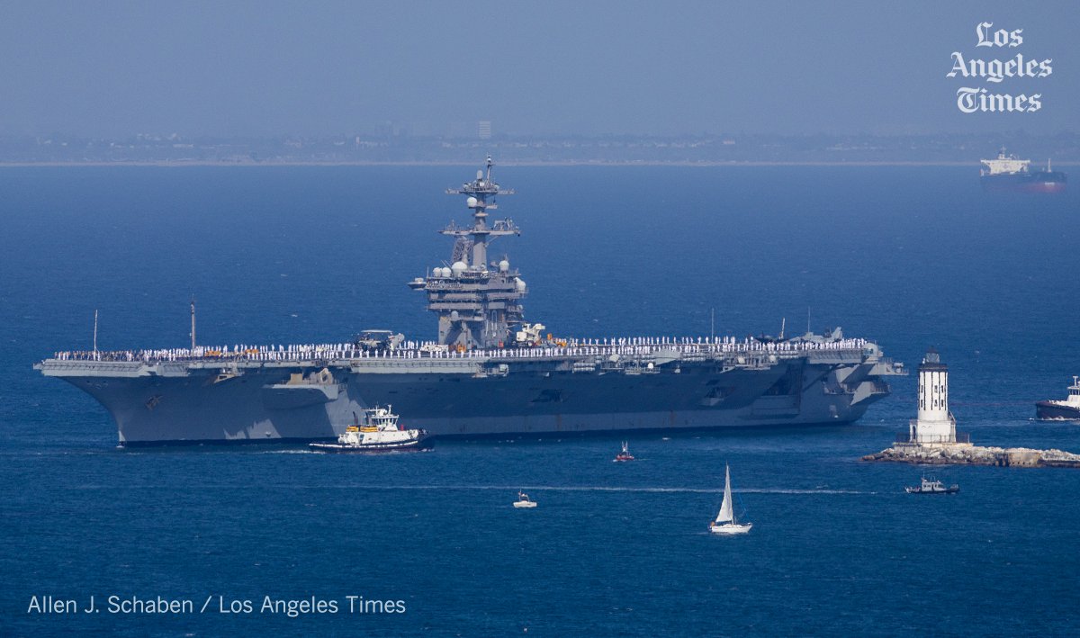 alschaben's tweet image. Sailors manning the rails, a method of saluting, as the Nimitz-class aircraft carrier USS Carl Vinson (CVN 70) arrives in San Pedro for LA Fleet Week. It’s the first visit by an aircraft carrier to LA in 13 years.
@LAFleetWeek @USNavy @latimes @latimesphotos
#LAFleetWeek2024