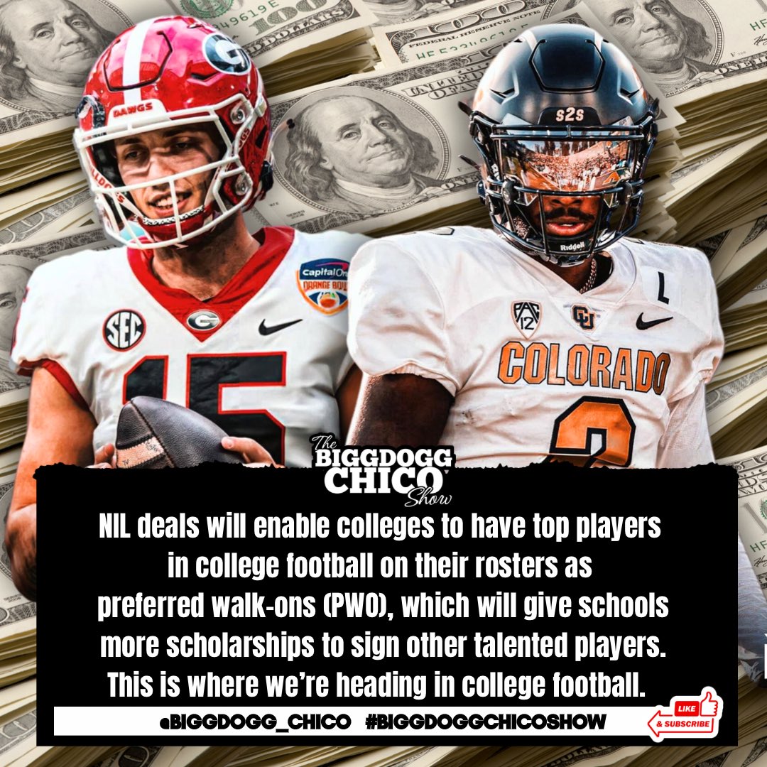 NIL deals will enable colleges to have top players in college football on their rosters as preferred walk-ons (PWO), which will give them more scholarships to sign other talented players. #BiggDoggChico #CollegeFootball #CFBRecruiting Join this channel as an Official Member: