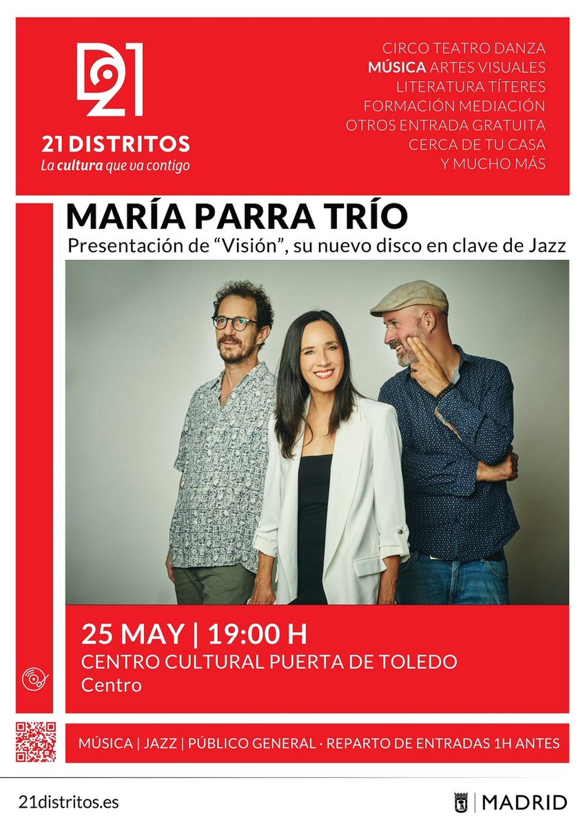 Cita con la música y @21distritos_ en la presentacion del disco de jazz 🎷🎻 🎹 'Visión' de María Parra Trío. 🗓25 de mayo 🚩Avenida Gran Vía de San Francisco, 2 ⏰19:00 Entrada libre hasta completar aforo. En las instalaciones del CC Puerta de Toledo.