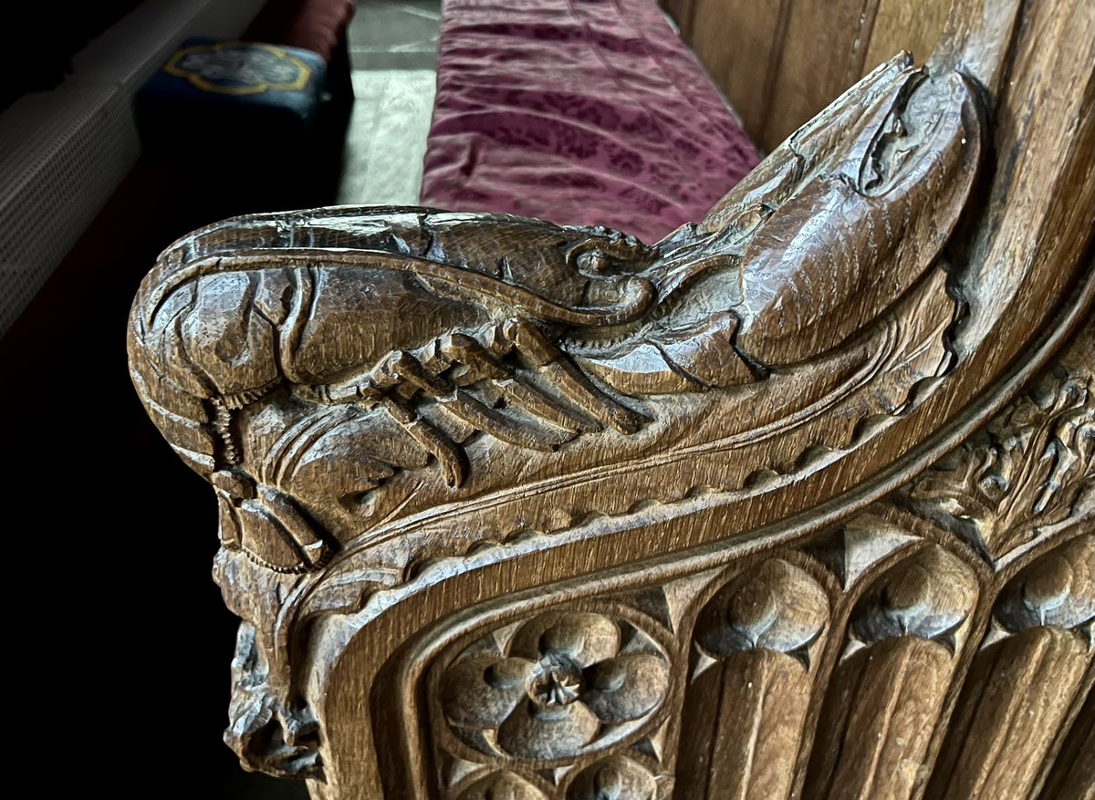 Ah, the church lobster - a rare find indeed

here is one acting as an armrest on the stalls at Overbury near Wrexham - carved by Evelyn Wybergh in mid-1930s

(1/?)