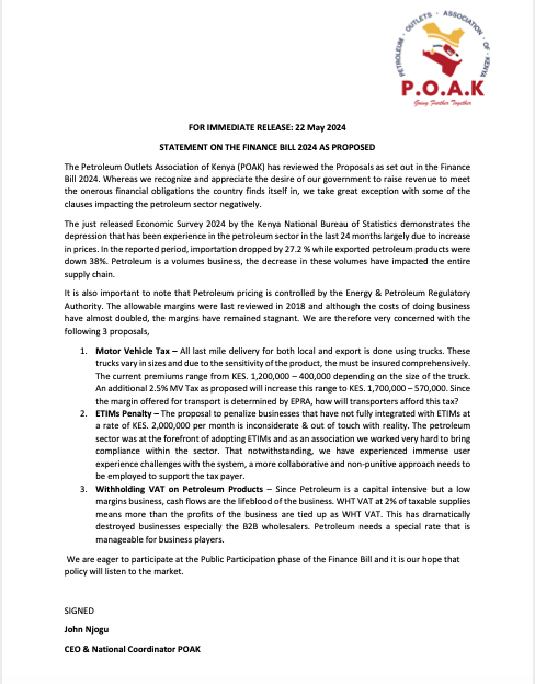 A statement from the Petroleum Outlets Association on Finance Bill 2024. Issues raised are the Motor Vehicle Tax, eTIMS integration penalty at Kes 2.0M/month & withholding VAT on petroleum products So far, we have statements from: 1. Kenya Bankers Association on the