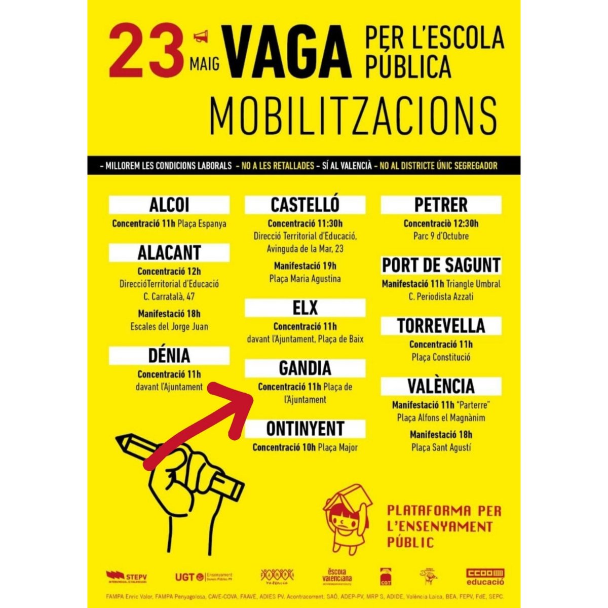 Demà dijous 23 de maig a les 11h davant l'Ajuntament, donarem tot el suport a la #Vaga23M de l'educació del País Valencià, la llengua no es toca!