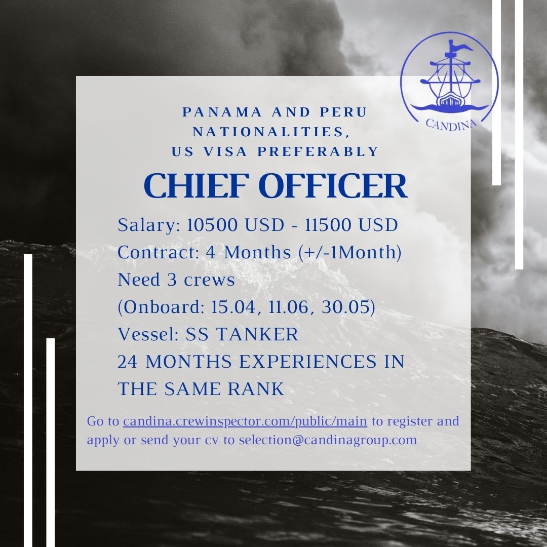 Set sail on a rewarding maritime career with Candina Group! Join our database and submit your documents for a comprehensive review. Apply now at candina.crewinspector.com/public/main or email us! #MaritimeCareer #SeafarerJobs #LifeAtSea #JoinOurCrew #MarineJobs