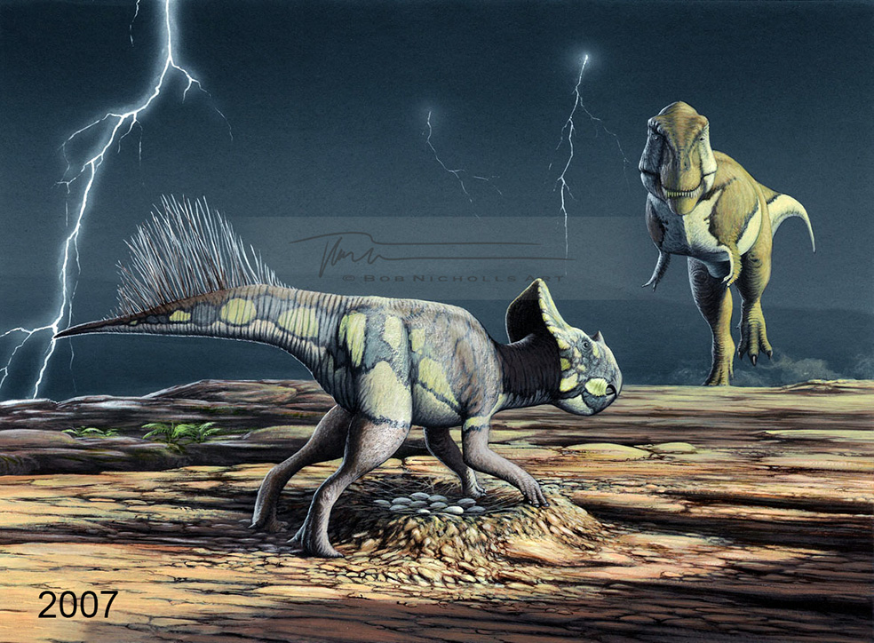 My 25 years of palaeoart chronology...

One of the books I illustrated in 2007 was TRAILBLAZERS: DINOSAUR HUNTERS, published by Quarto Children's Books. I'll post a few acrylic paintings from it today, here's a Protoceratops and Tarbosaurus.

#SciArt #SciComm #Dinosaurs #PaleoArt