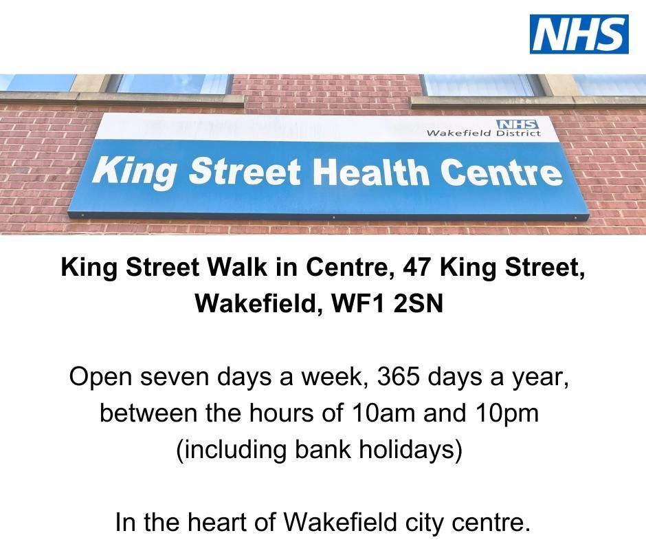 King Street Walk in Centre in Wakefield is open 10am-10pm for treatment of a range of non-life-threatening conditions. Please remember that A&E should only be used in life-threatening emergencies. Find advice on choosing the right healthcare service ➡️ togetherwe-can.com