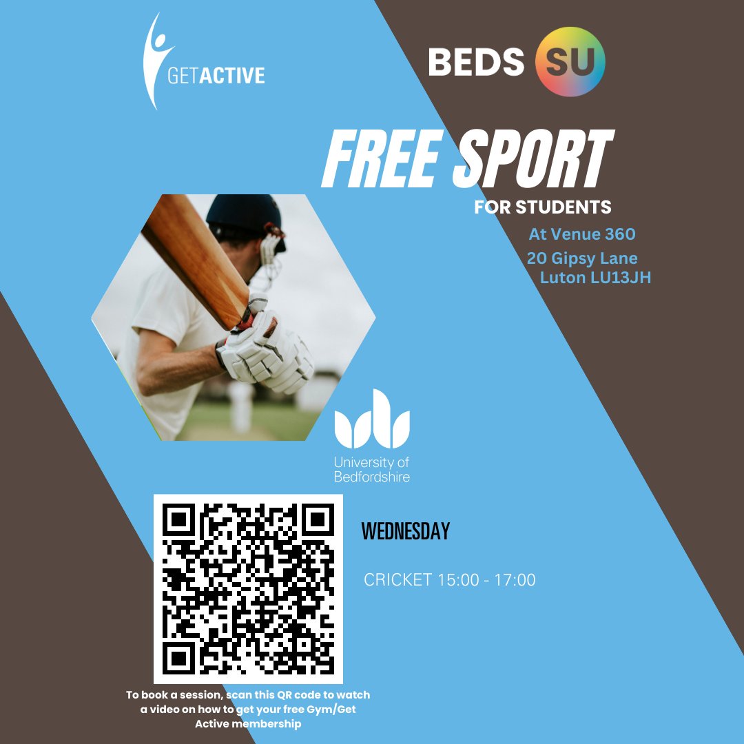 Student cricket! Join us at Venue 360 from 3:00 PM to 5:00 PM. Remember to reserve your spot via the UOB Sport app. Don't miss out on the action! Scan the QR code to learn how to set up your membership.