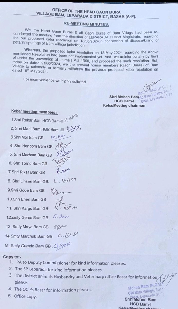 Huge thanks to @dc_basar for swiftly summoning the Head Gram Bura (Head Village Elder), issuing a clarificatory order about the illegality of killing dogs, and getting an apology and revised order from the Village Elders within 24 hours. #Arunachal