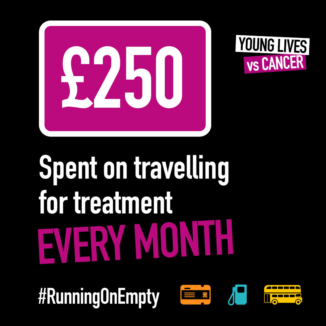 ‘Can I afford to get to cancer treatment?’ Is a question nobody should have to ask. 

A year ago, we launched our travel costs campaign #RunningOnEmpty but children and young people with cancer, and their families, are still struggling with the costs of getting to treatment.