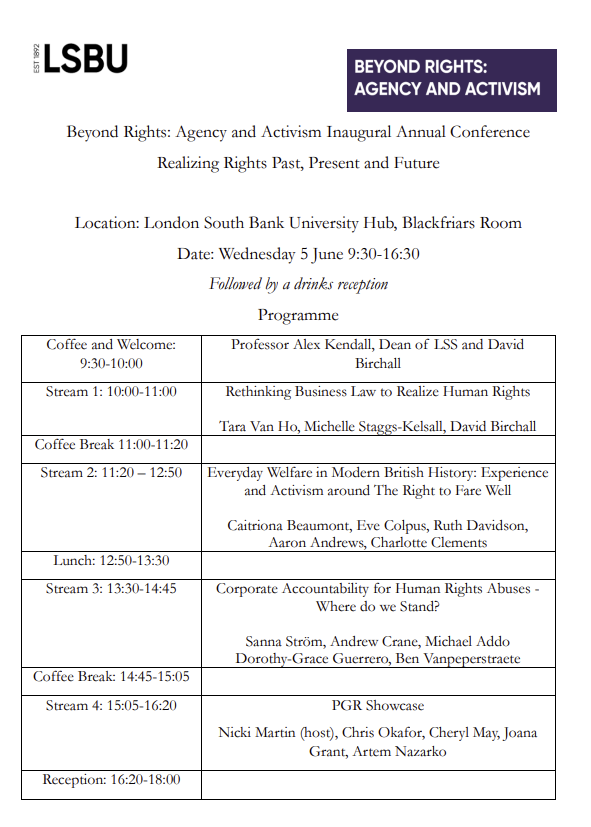 David Birchall (@david_birchallz) on Twitter photo Programme for LSBU human rights conference on Wednesday June 5. All welcome, free to attend, coffee, lunch, snacks, wine all provided. <a href="/MSKelsall/">Michelle Staggs Kelsall</a> <a href="/TaraVanHo/">Tara Van Ho</a> <a href="/ethicscrane/">Andrew Crane</a> <a href="/caitbeaumont/">Prof Caitríona Beaumont</a> <a href="/sc_strom/">Sanna Ström</a> <a href="/EveColpus/">Eve Colpus</a> <a href="/DrAaronAndrews/">Aaron Andrews</a> <a href="/CClements29/">Charlotte Clements</a> <a href="/deeguerrero/">Dorothy Guerrero</a> <a href="/bbennn/">Ben Vanpeperstraete</a> <a href="/Okafor1Chris/">Chris O Okafor</a> Programme for LSBU human rights conference on Wednesday June 5. All welcome, free to attend, coffee, lunch, snacks, wine all provided. <a href="/MSKelsall/">Michelle Staggs Kelsall</a> <a href="/TaraVanHo/">Tara Van Ho</a> <a href="/ethicscrane/">Andrew Crane</a> <a href="/caitbeaumont/">Prof Caitríona Beaumont</a> <a href="/sc_strom/">Sanna Ström</a> <a href="/EveColpus/">Eve Colpus</a> <a href="/DrAaronAndrews/">Aaron Andrews</a> <a href="/CClements29/">Charlotte Clements</a> <a href="/deeguerrero/">Dorothy Guerrero</a> <a href="/bbennn/">Ben Vanpeperstraete</a> <a href="/Okafor1Chris/">Chris O Okafor</a>