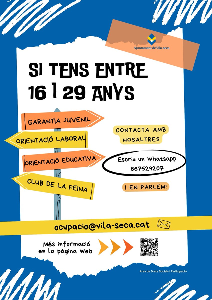 El Servei d'Ocupació de l'Ajuntament de #Vilaseca porta a terme el Programa de Suport a l'Ocupació Juvenil destinat a persones d'entre 16 a 29 anys, on es proporciona suport a joves que estan buscant treball o nous estudis. Contacta-hi!