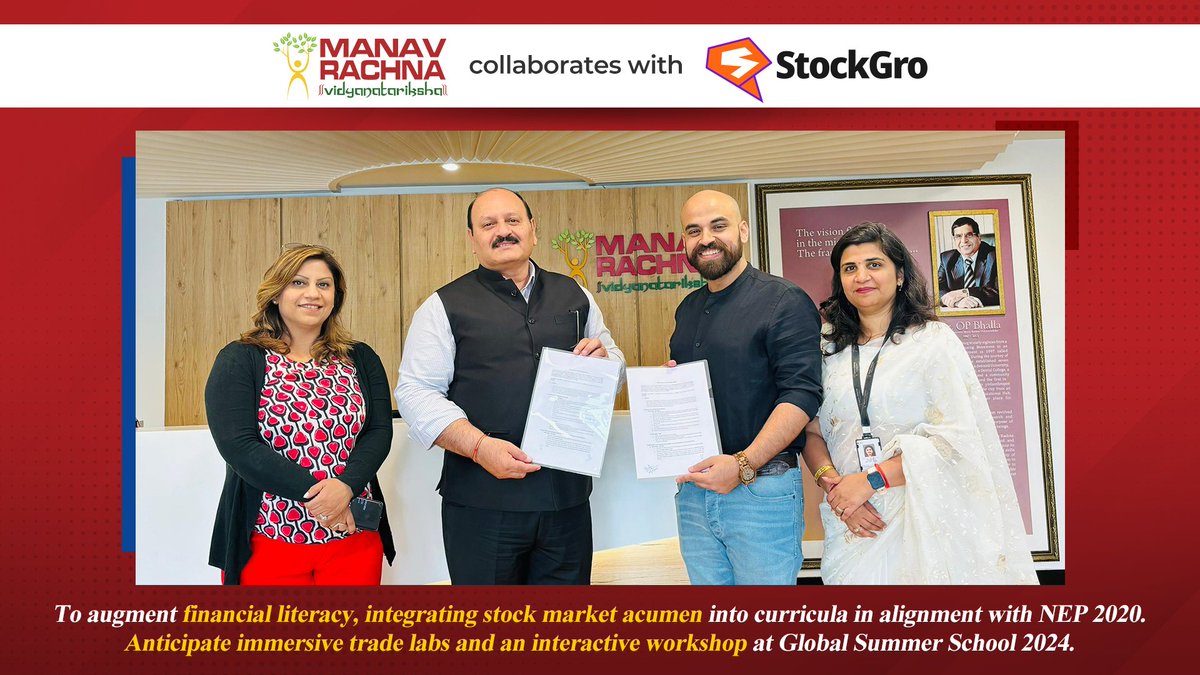 Manav Rachna has partnered with @stockgro , India's leading experiential stock market learning and investment platform! This #collaboration marks a pivotal step in our mission to enhance financial literacy across our campuses, perfectly aligning with the New Education Policy
