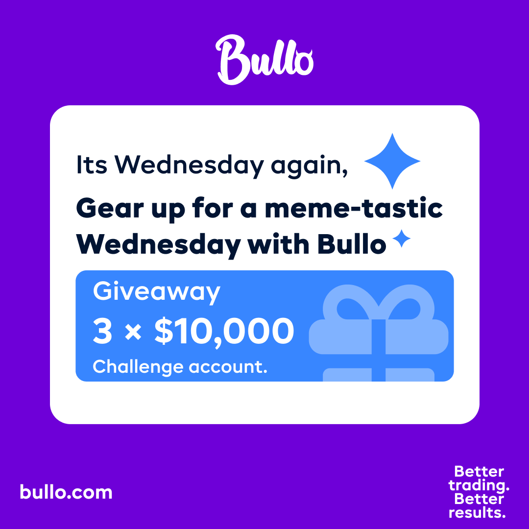 🎉 Announcement 🎉 Gear up for a meme-tastic Wednesday with Bullo! 😂 🚀 Giveaway: 3 × $10,000 Challenge accounts. Drop your BEST trading meme.😂😂 Don't miss out! 😉 (One winner will be chosen from Discord and two from Twitter) Join our Discord community here: