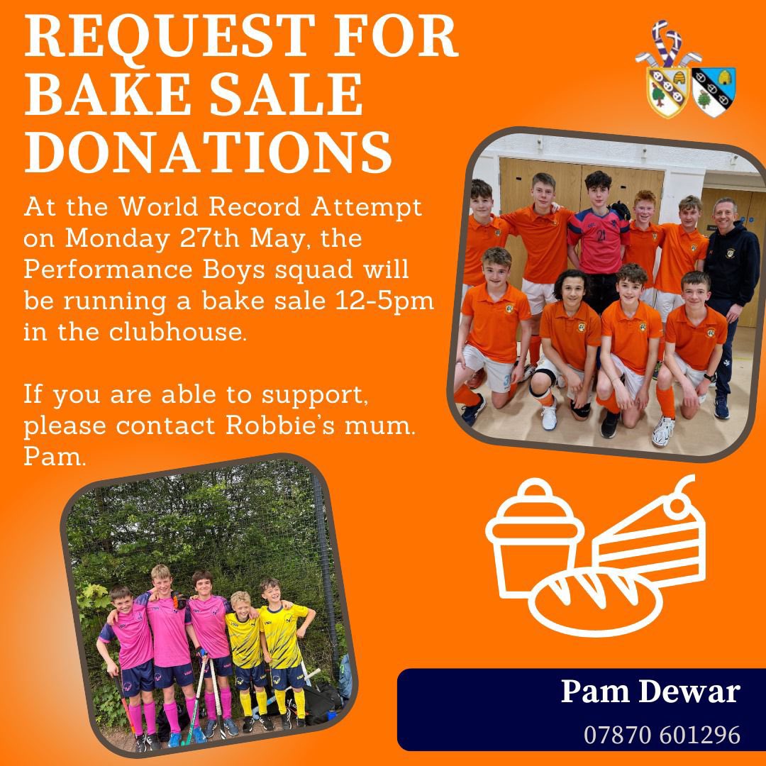 World Record: Bake Sale🍰 The performance boys are running a bake sale on Monday 27th May to support our pitch fundraising🧁 If you can support them by baking something or want to offer a hand then please contact Pam Dewar📞 🏑🟦🟧🟦🟧 #monthedale #supportyourclub