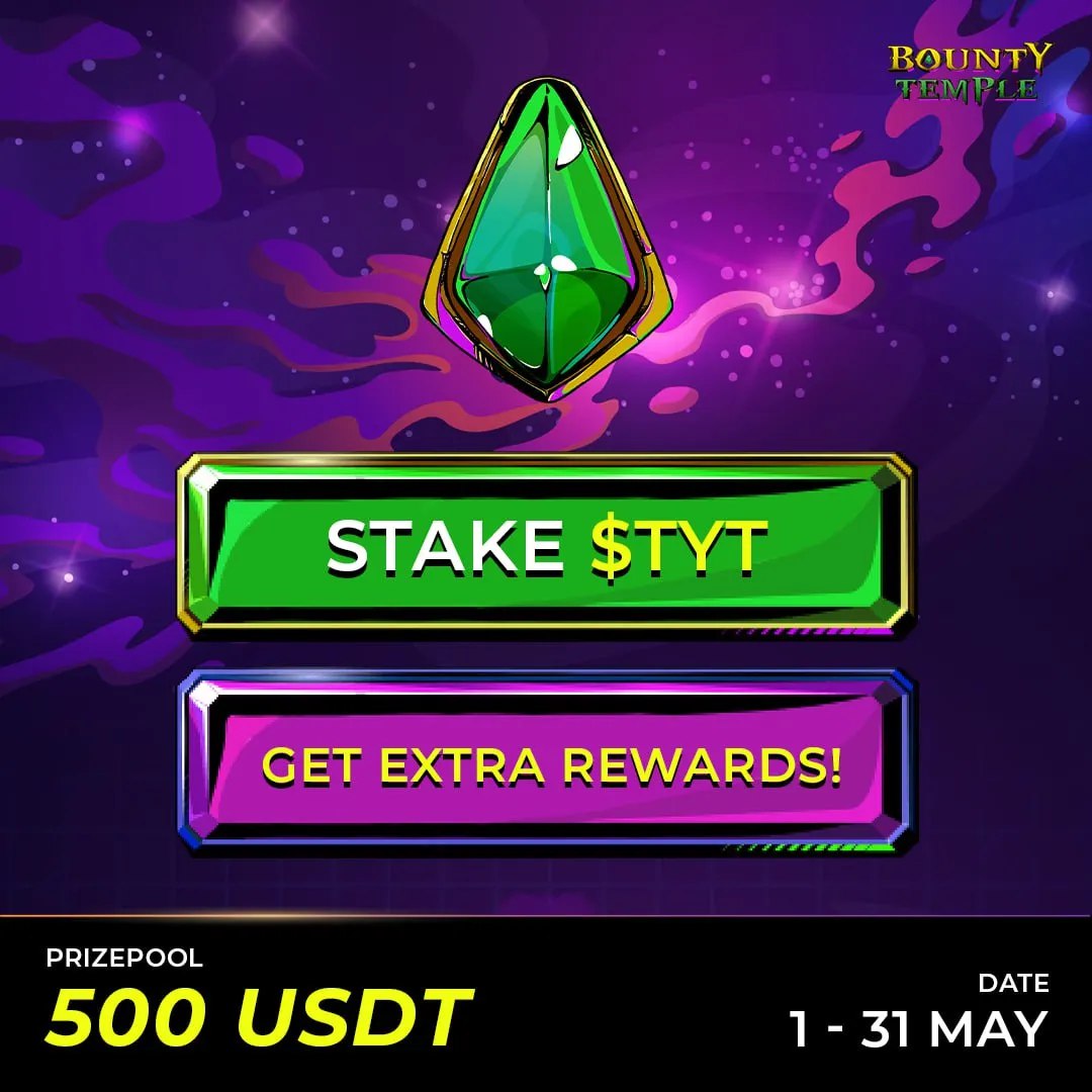 w3ggofficial's tweet image. 🚨REMINDER!🚨
🚀Stake $TYT now and join the excitement! 

Earn extra $$$ rewards by participating in @BountyTemple exclusive quest on #W3GG 
Win a $500 USDT prizepool for everyone who stakes $TYT!

🥳Stake $TYT with a minimum amount of $100 here: token.bountytemple.com/staking

Don&apos;t…
