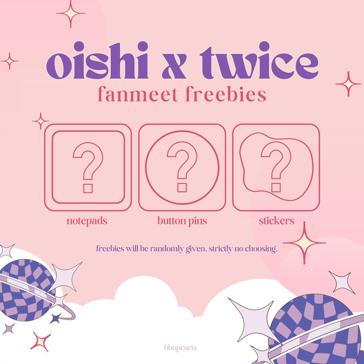 bbopcarts's tweet image. ✧˖°.˚ ༘ oishi x twice snacktacular fanmeet  ✧˖°.˚ ༘

how to claim
⤷ like &amp;amp; rt to spread
⤷ show us this tweet on d-day

where
⤷ around moa arena 

when
⤷ 11:00 AM, June 1, 2024

ʚ #TwicexOishiSnacktacularFanMeet ɞ
