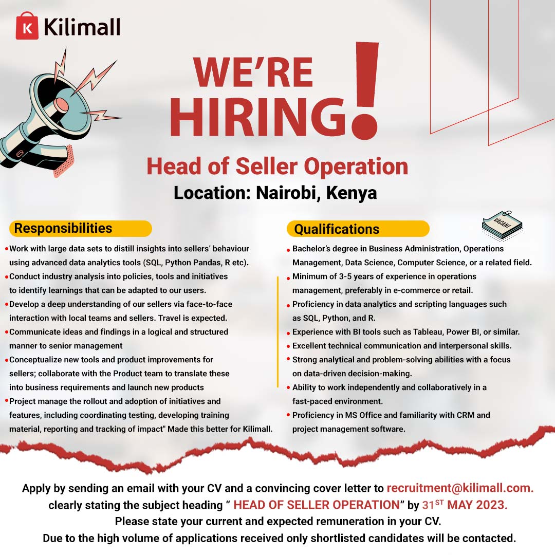 Iko Kazi hapa wakuu! Do you know someone qualified for this position? Please tag them Now to Apply! #kilimalljobs #hiring #nairobijobs