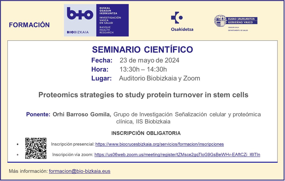Seminario científico de los jueves en Biobizkaia. Esta semana contamos con Orhi Barroso del grupo en Señalización celular y proteómica clínica. 'Proteomics strategies to study protein turnover in stem cells' 23/05, 13:30h Inscripción zoom: us06web.zoom.us/meeting/regist…