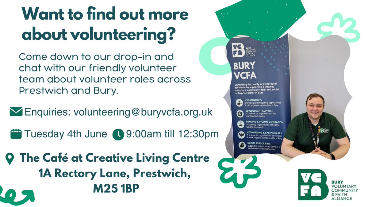 Discover Volunteering Opportunities! 👏 Want to learn more? Come to our drop-in & chat with our volunteer team about roles across Prestwich & Bury. Tue 4 June, 9:00am - 12:30pm at The Café at Creative Living Centre. ✨ #Volunteering #BetterBury