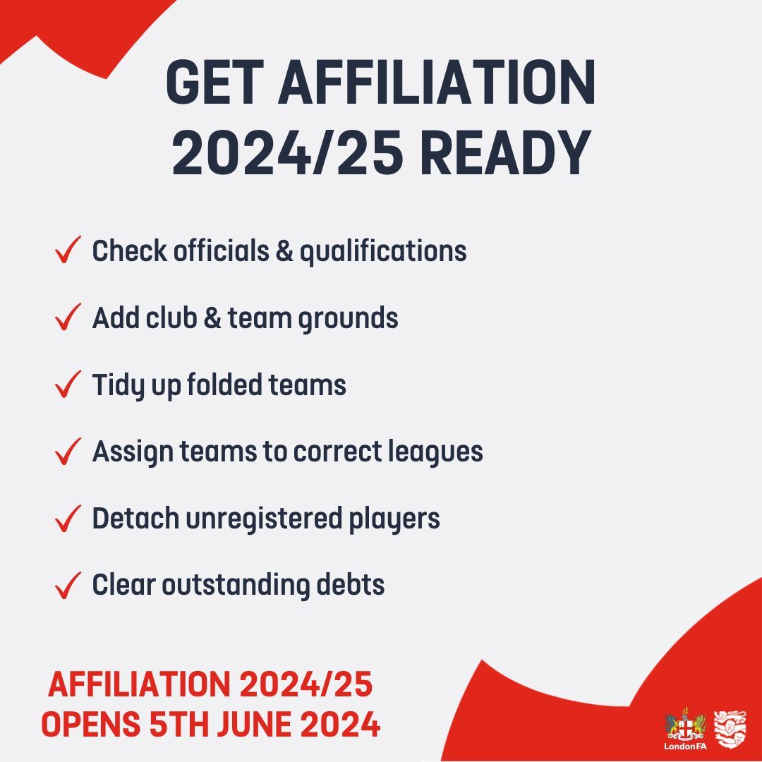 London FA are pleased to announce that Club Affiliation for 2024/25 will open on 5th June. 📆

Get ready for affiliation by checking 'Teams' tab on your Club Portal.

🖱️ clubs.thefa.com

If you need any help with your renewal, contact affiliations@londonfa.com 📨