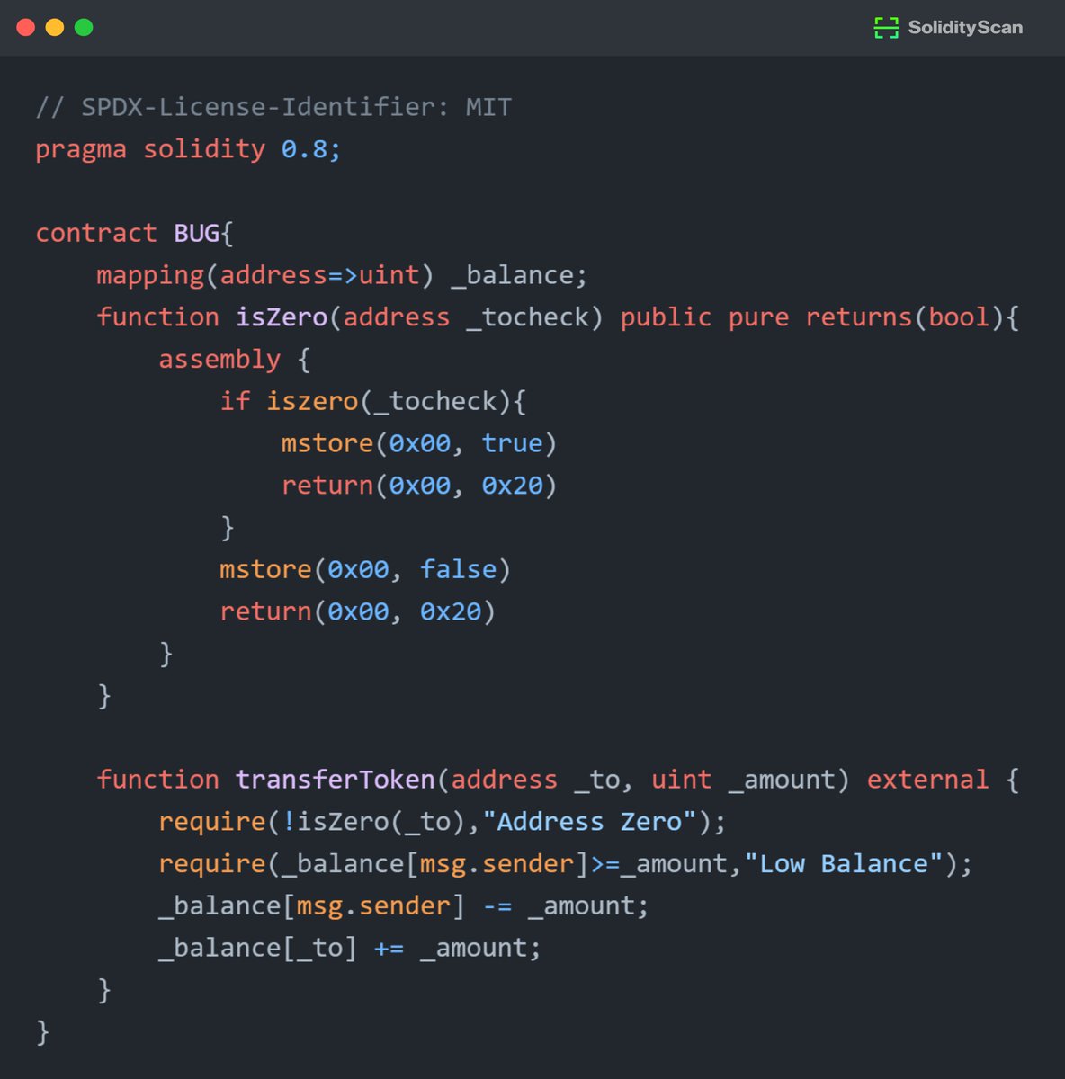 Bob developed a gas-efficient method for checking address(0). Can you guess the bug?

Dive into our #FindTheBug challenge and see if you can find it!

#BugHunt #SmartContracts #Web3