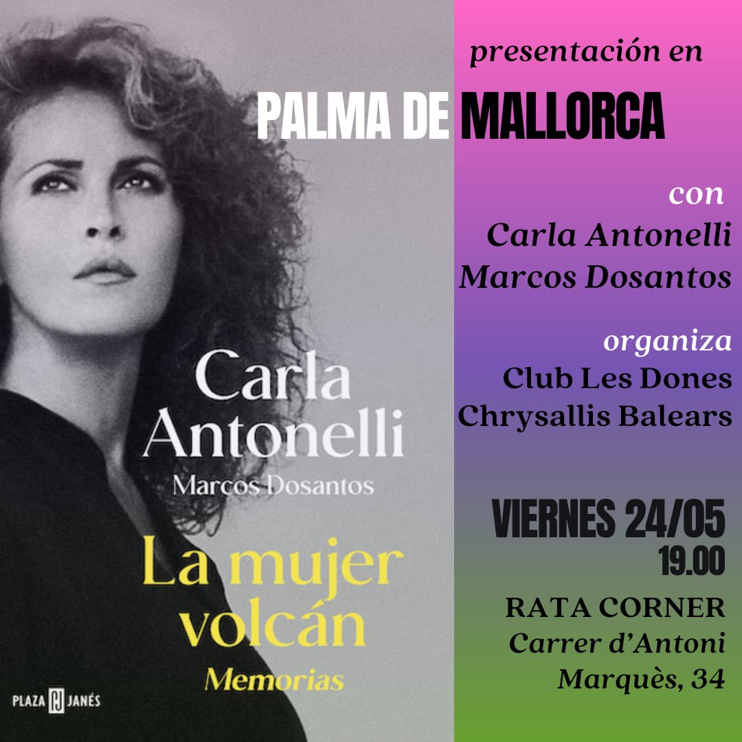 Este viernes, presentación de mis memorias La Mujer Volcán, en Palma de Mallorca. Lo haré junto a @marcdosan con quien di forma a las historias y magma de mi vida; desde las playas de Chimisay a Madrid. Será a las 19.00 en la librería Rata Corner, carrer d’ Antoni Marqués, 34.