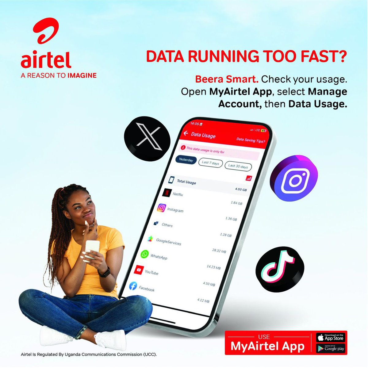Is your Airtel Data running so fast, keep track of your data usage 📌📌

Seamlessly take charge of your data usage using the Data usage feature on #MyAirtelApp.
Download the App here airtelafrica.onelink.me/cGyr/qgj4qeu2 to start today

#AirtelDataManager