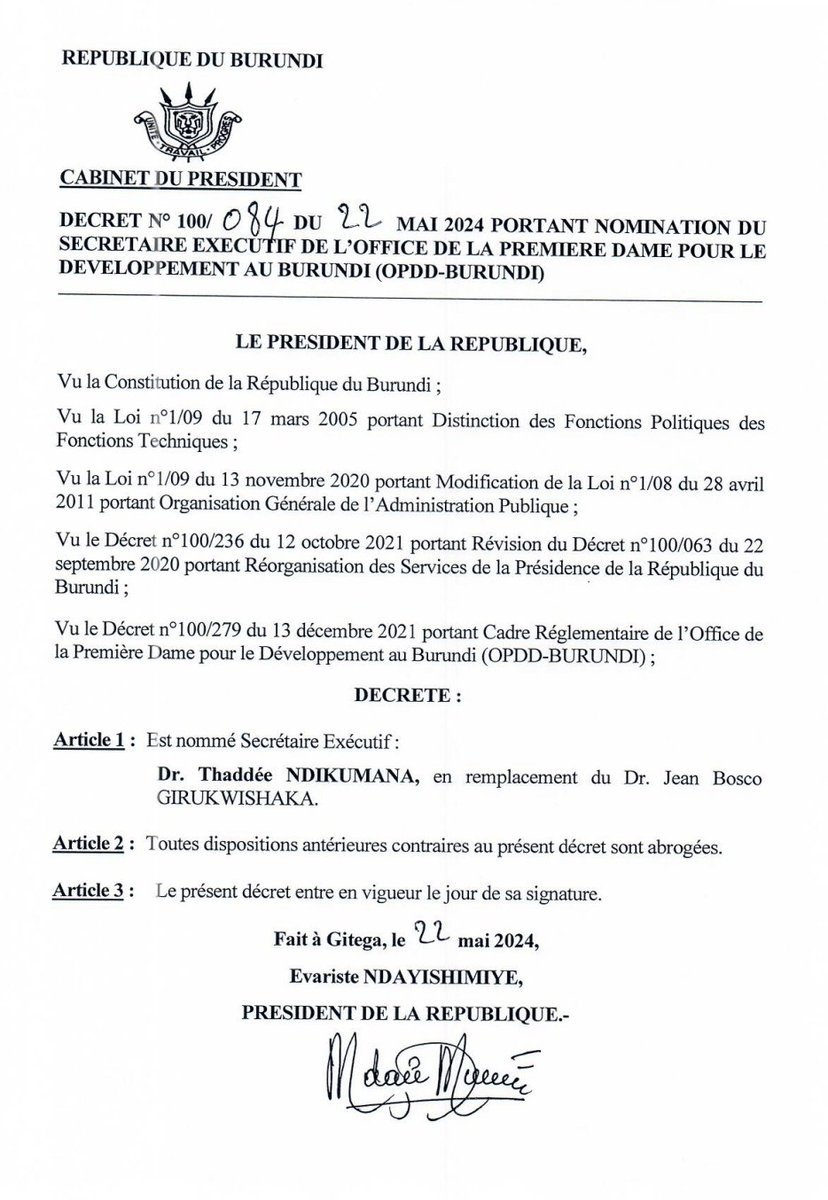 Décret portant nomination du Secrétaire Exécutif à l'Office de la Première Dame pour le Développement @OPDD_Burundi