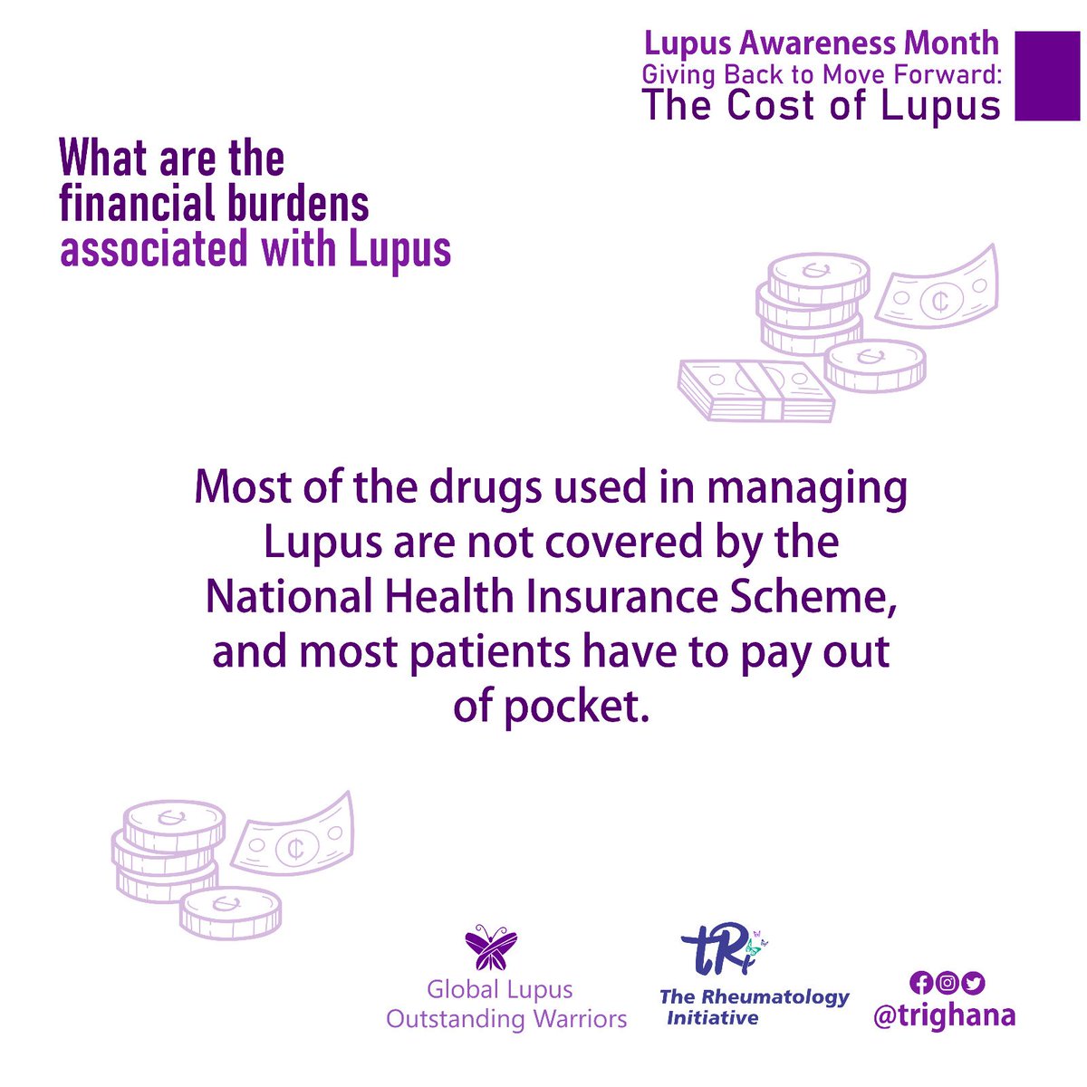 trighana's tweet photo. Most of the drugs used in managing Lupus are not covered by the National Health Insurance Scheme, and most patients have to pay out of pocket.

#LupusAwarenessMonth #KnowLupus  #LupusSupport  #LivingWithAPriceTag #PurpleForLupus #GLOW #tRi https://t.co/2LcW7Azka2