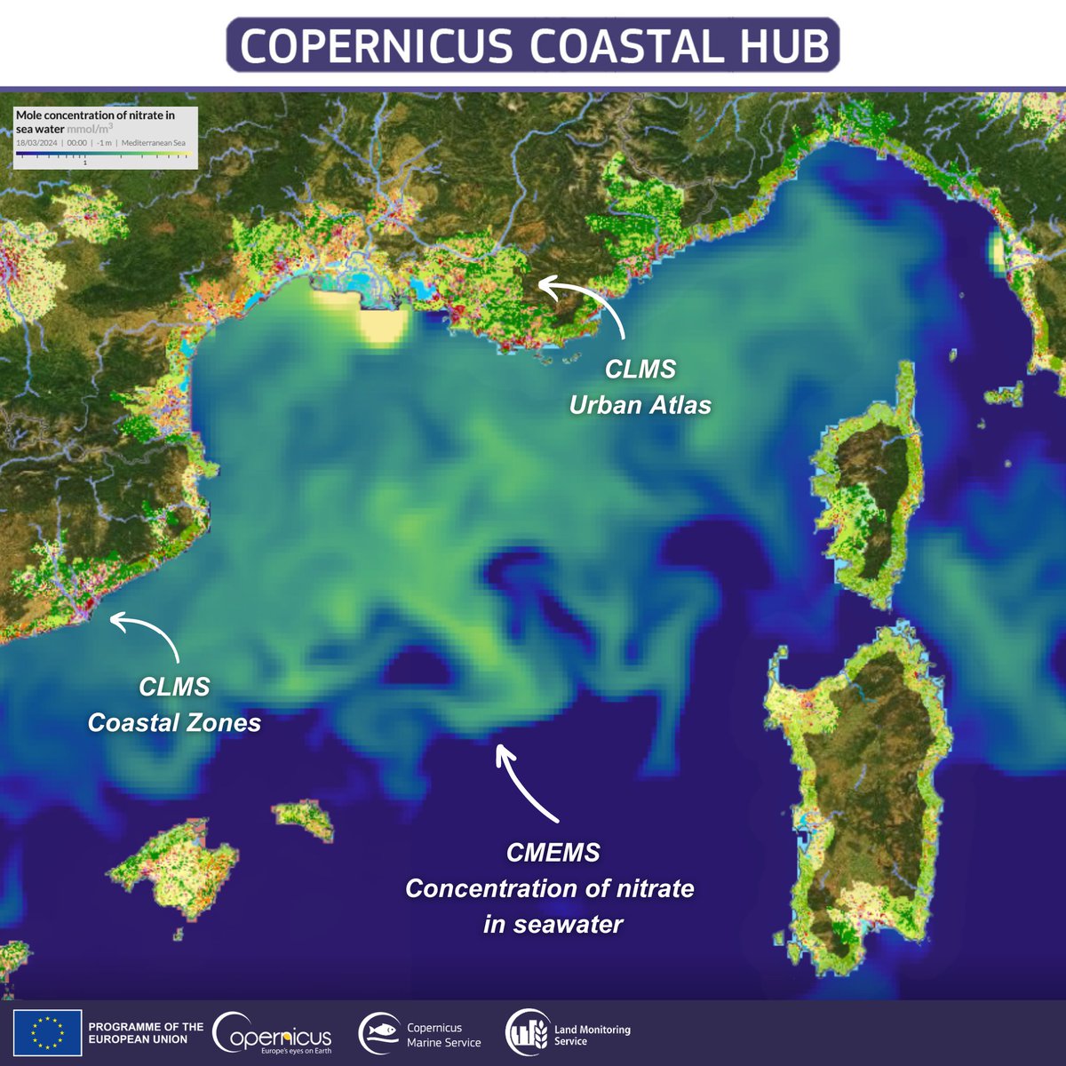The #Copernicus #CoastalHub is a one-stop shop for data related to coastal areas🏖️ The Hub's viewer allows you to explore datasets such as nitrate concentration in the #Mediterranean Sea, which is key for managing the health of marine ecosystems 🌊 coastal.hub.copernicus.eu
