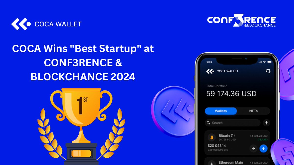 🏆 Did you know? COCA wins "Best Startup" at CONF3RENCE &amp; BLOCKCHANCE 2024! 

🌟 Check out our latest blog post to read all about this amazing achievement and what it means for our future. 🚀 

Read More: coca.xyz/post/coca-wins…

#COCA #BestStartup #CONF3RENCE #BLOCKCHANCE2024