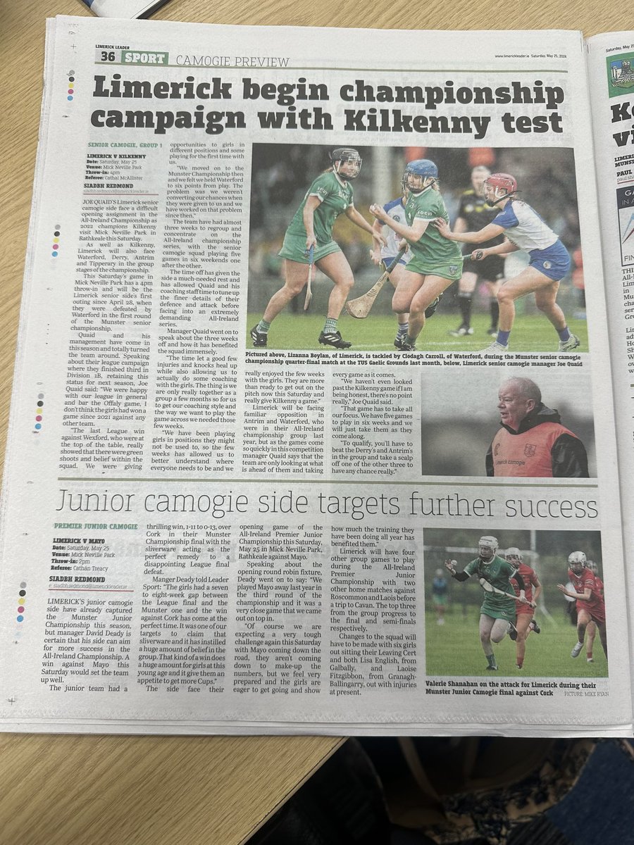 In today’s @LimkLeaderSport section: Full page spread ahead of the opening Camogie All-Ireland Championship fixtures this Saturday 🔥 ✖️ Interview with Senior Manager Joe Quaid ✖️ Interview with Junior Manager @DavidDeady7 @LimCamogie
