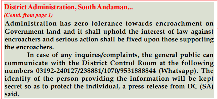 #NewAndamans
#ZeroTolerance

@DcSouthandaman continues its #AntiEncroachment drive, evicted fresh encroachment at Hutbay village, Badmaspahad village #Ferrargunj & Middle Point, #PortBlair Tehsil. 10800 sq. mtrs of land restored in past few days in South Andaman district.