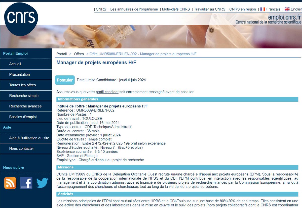 Rejoignez-nous ! nous recrutons un European Project Manager (CDD de 3 ans) sur un poste mutualisé @IpbsToulouse 

date limite de candidature : 6 juin 2024

Portail Emploi CNRS - Offre d'emploi - Manager de projets européens H/F emploi.cnrs.fr/Offres/CDD/UMR…