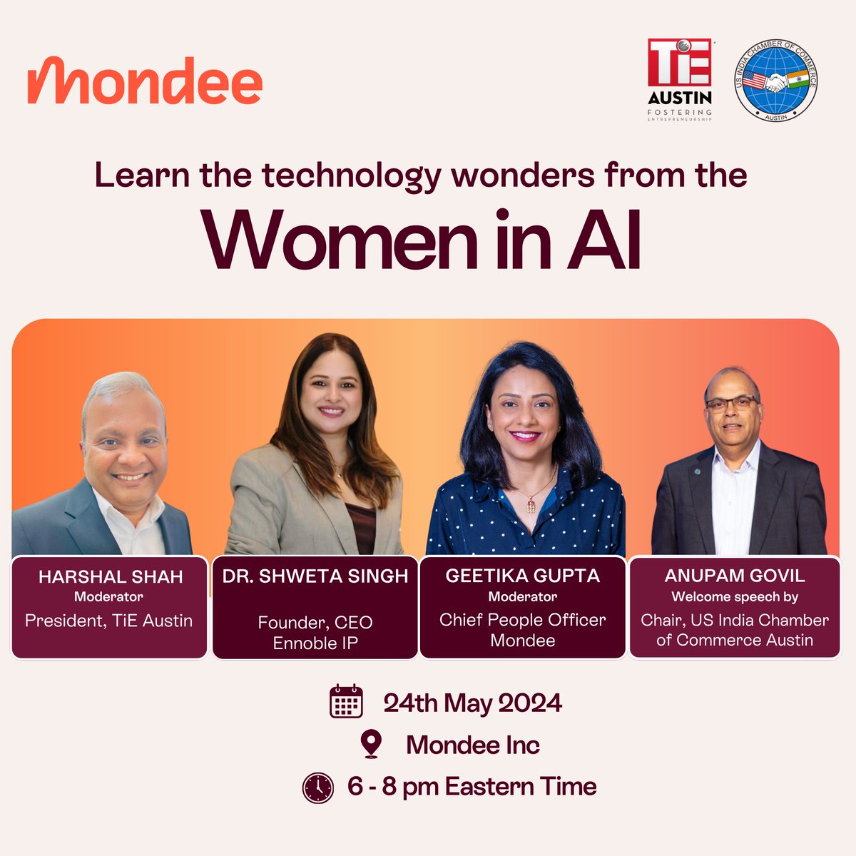 We join hands with <a href="/TiEAustin/">TiE Austin</a>  &amp; US India Chamber of Commerce Austin to bring an exciting discussion about AI and ML with Dr. Shweta Singh, CEO of Ennonle IP &amp; Geetika Gupta, Chief People Officer, Mondee. 

When: May 24, 2024, at 6-8 PM
Where: Mondee Office, 10800 Pecan Park BLVD