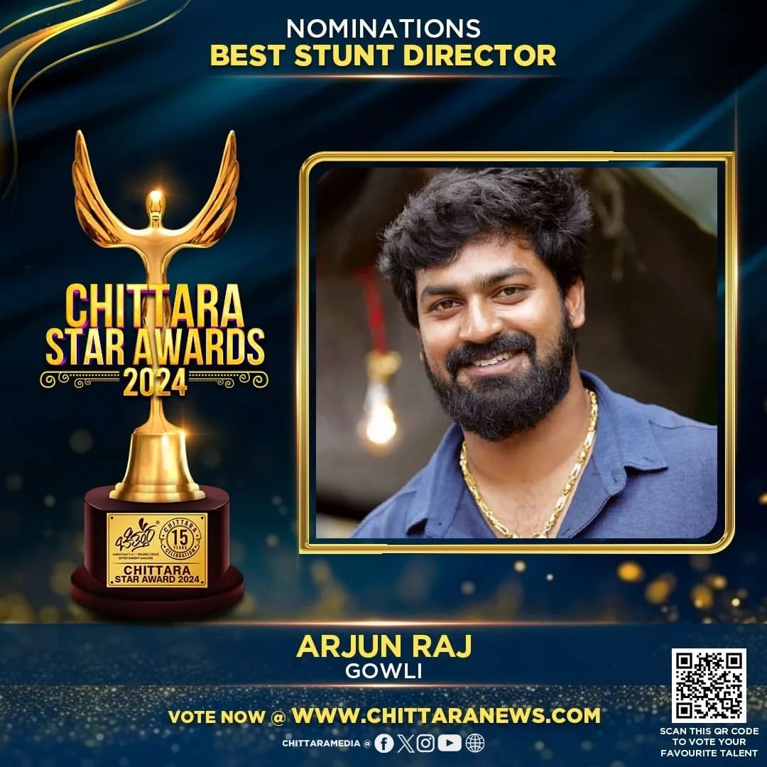 #ArjunRaj has been nominated for #ChittaraStarAwards2024 under the category Best Stunt Director for the movie #Gowli Kindly spare a minute and shower some love by voting!! awards.chittaranews.com/poll/780/ #ChittaraStarAwards2024 #CSA2024 #ChittaraStarAwards #ChittaraFilmAwards