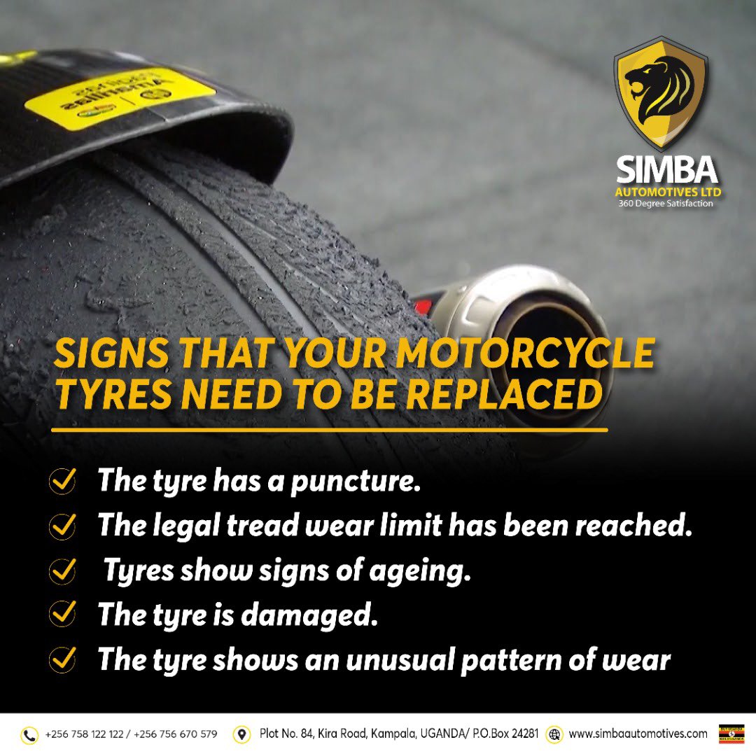 Is it time for new motorcycle tyres? Look for these signs: punctures, worn tread, ageing, damage, and unusual wear patterns. #MotorcycleMaintenance #TyreSafety #BikeCare