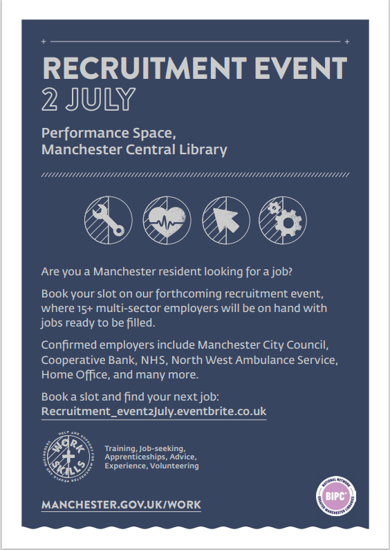 Are you a Manchester resident looking for a job? Book your slot on the recruitment event on Tuesday 2 July, 10am to 1pm at Manchester Central Library, where 15+ multi-sector employers will be on hand with jobs ready to be filled. Book now 👉eventbrite.co.uk/e/recruitment-…