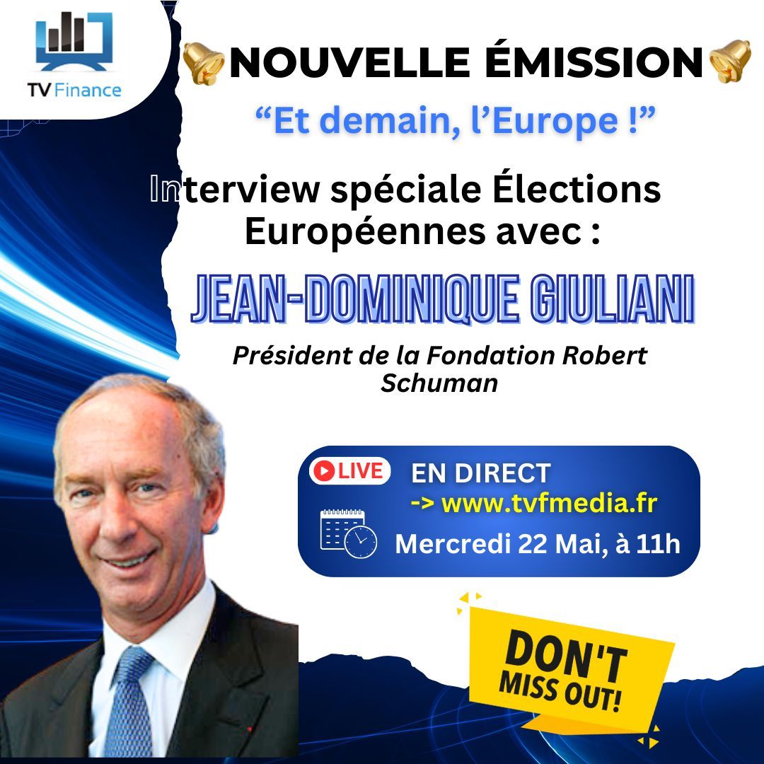 Ne manquez pas l'émission 'Et demain, l'#Europe' sur @TVFinance mercredi 22 mai à 11h. Un #débat animé par @FabienneLissak 'Décrochage européen : quel rôle de la #France et de l'#Allemagne?' avec en plateau @JD_Giuliani, #président de la Fondation Robert Schuman. Connectez-vous!