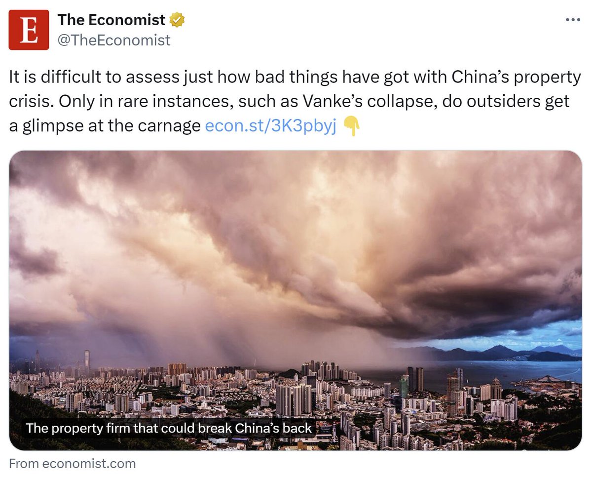 Since it’s allegedly 'difficult' to assess the situation of China’s property market, how did @TheEconomist know it’s so bad that it is a “carnage” that could “break China’s back”? You can count on Western media to make any challenge China faces into an existential crisis.