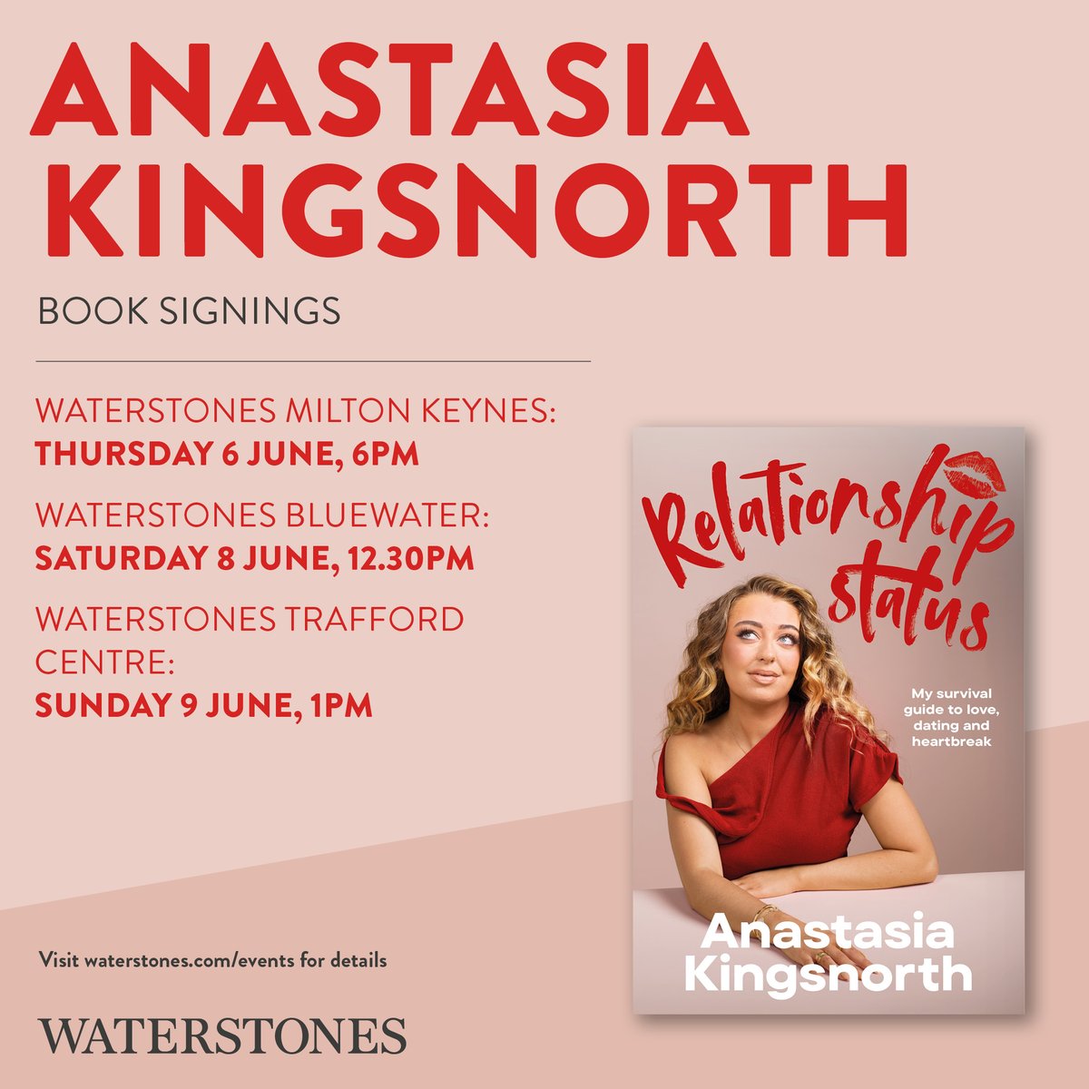 ✨ Exciting news! ✨ 

#AnastasiaKingsnorth is coming to @Waterstones at #MidsummerPlace for a book signing event on the 6th June!

Join us as we celebrate the launch of her latest masterpiece, 'Relationship Status.' 📚 

#AnastasiaAtMidsummer #RelationshipStatus #BookSigning