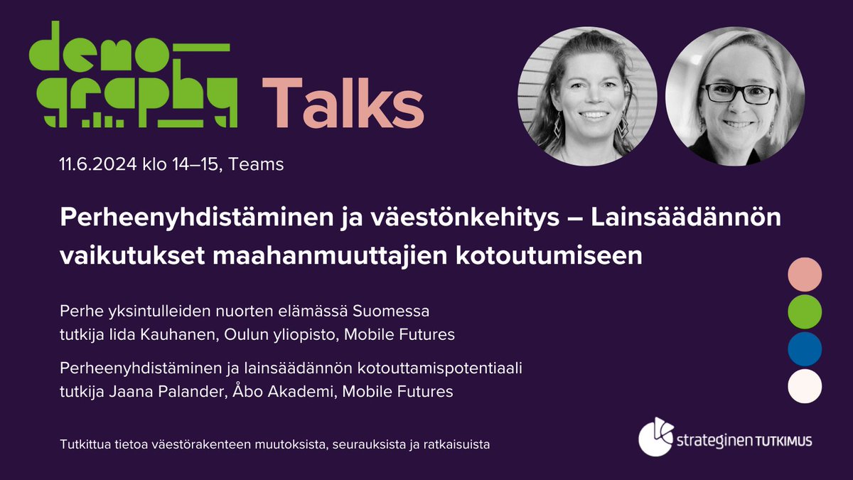 Kiinnostavatko ilmiöt maahanmuuttotilastojen takana? 11.6. klo 14–15 DEMOGRAPHY Talks aiheena 'Perheenyhdistäminen ja väestön kehitys – lainsäädännön vaikutus kotoutumiseen' Ilmoittaudu mukaan! @MobileFuturesFI @Akatemia_STN demography.fi/events/demogra…