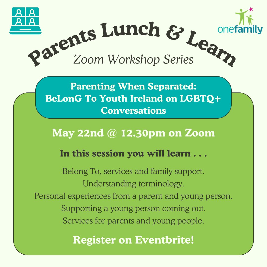 Belong To Youth Ireland on LGBTQ+ Conversations Today at 12.30pm on Zoom If you're interested, register through this link: onefamily.ie/belong-to-lgbt… #lgbtqiaplus #singleparents @1familyireland