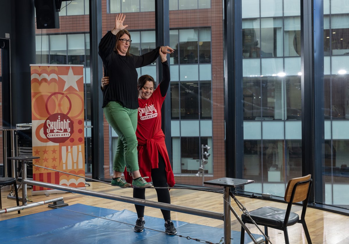 SkylightCircus's tweet photo. Day 3 #CreativityAndWellbeingWeek!🌟@DepaulUK took a break from emails for a morning (yes, it was hard!) for our #teamwellbeing #CircusWorkshop at @HOME_MCR! 🤹‍♂️ Spinning plates, tightwire balance - one morning together improved wellbeing and was loads of fun! #CircusTherapy https://t.co/ZuTimA62W8